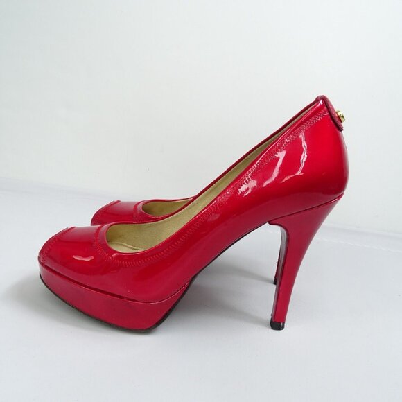 Stuart Weitzman Candy Apple Red Patent Leather‎ Peep-Toe Pumps Size 7 N Platform - Picture 5 of 9